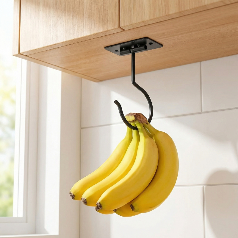 Food Storage Cabinet For Kitchen - Black Metal Self-Adhesive Banana Hook Foldable