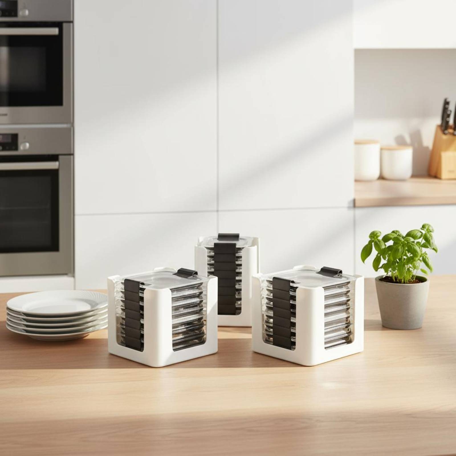 Food Storage Cabinet For Kitchen - 3 Pieces Lid Storage Rack Rectangular
